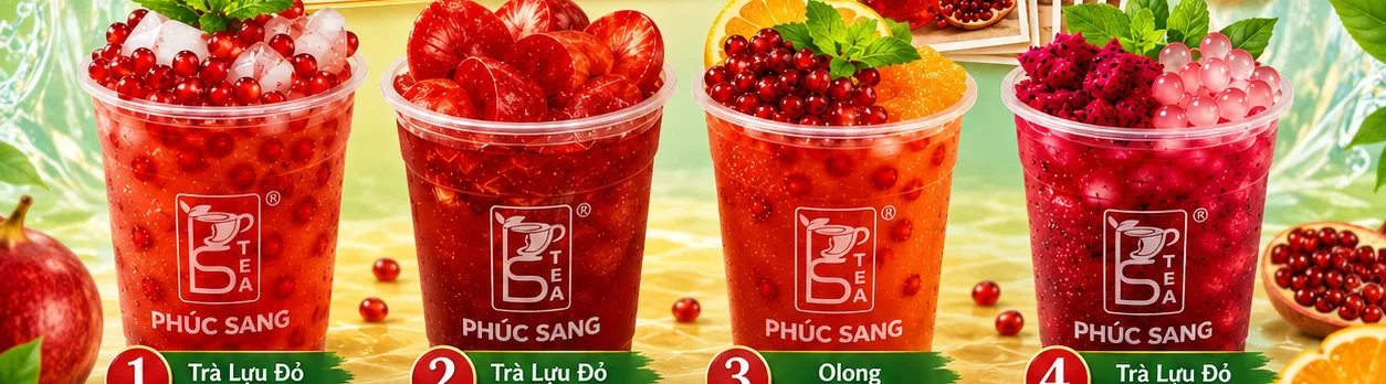 Bốn ly trà lựu đỏ tặng kèm: trà lựu đỏ thạch dừa, trà lựu đỏ dâu hồng, olong lựu mơ màng, trà lựu đỏ thanh long